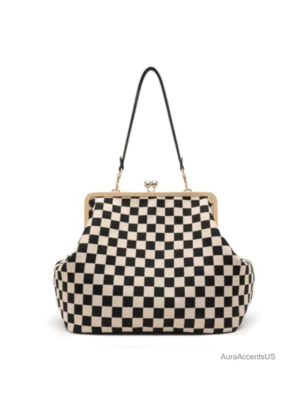 Women's Large Checkered Kiss Lock Tote Shoulder Bag PU Leather Canvas